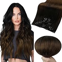 Full Shine Ombre Clip in Hair Extensions Real Human Hair Black to Medium Brown 16 inch 120g Black Balayage Human Hair Clip in Hair Extensions Double Weft Straight Hair 7pcs for Thin Hair