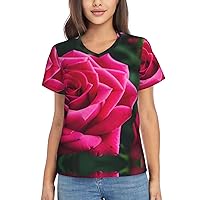 Rose Flower Women's T-Shirts Collection,Classic V-Neck, Flowy Tops and Blouses, Short Sleeve Summer Shirts,Most Women