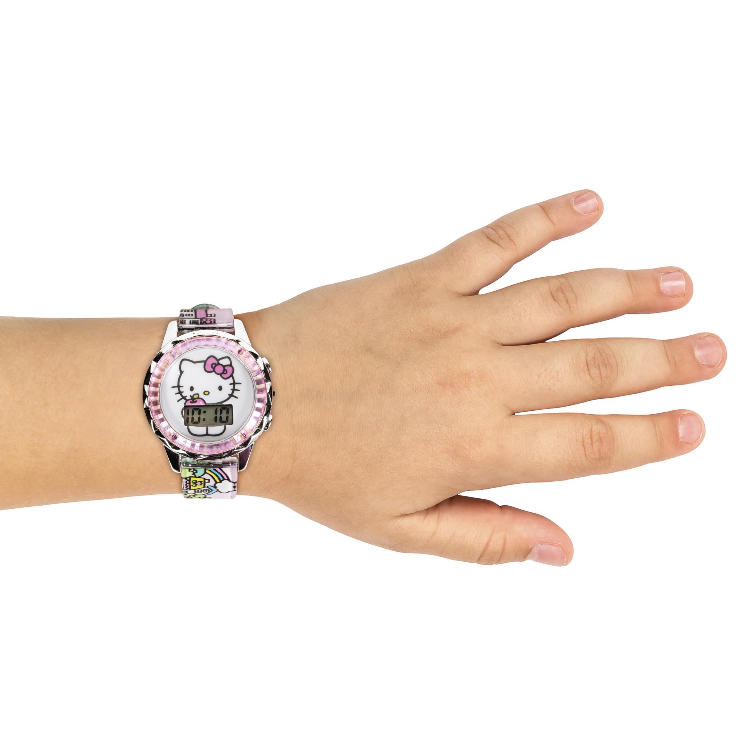 Accutime Hello Kitty Digital LCD Quartz Kids Pink Watch for Girls with All Over Print Band Strap (Model: HK4203AZ)