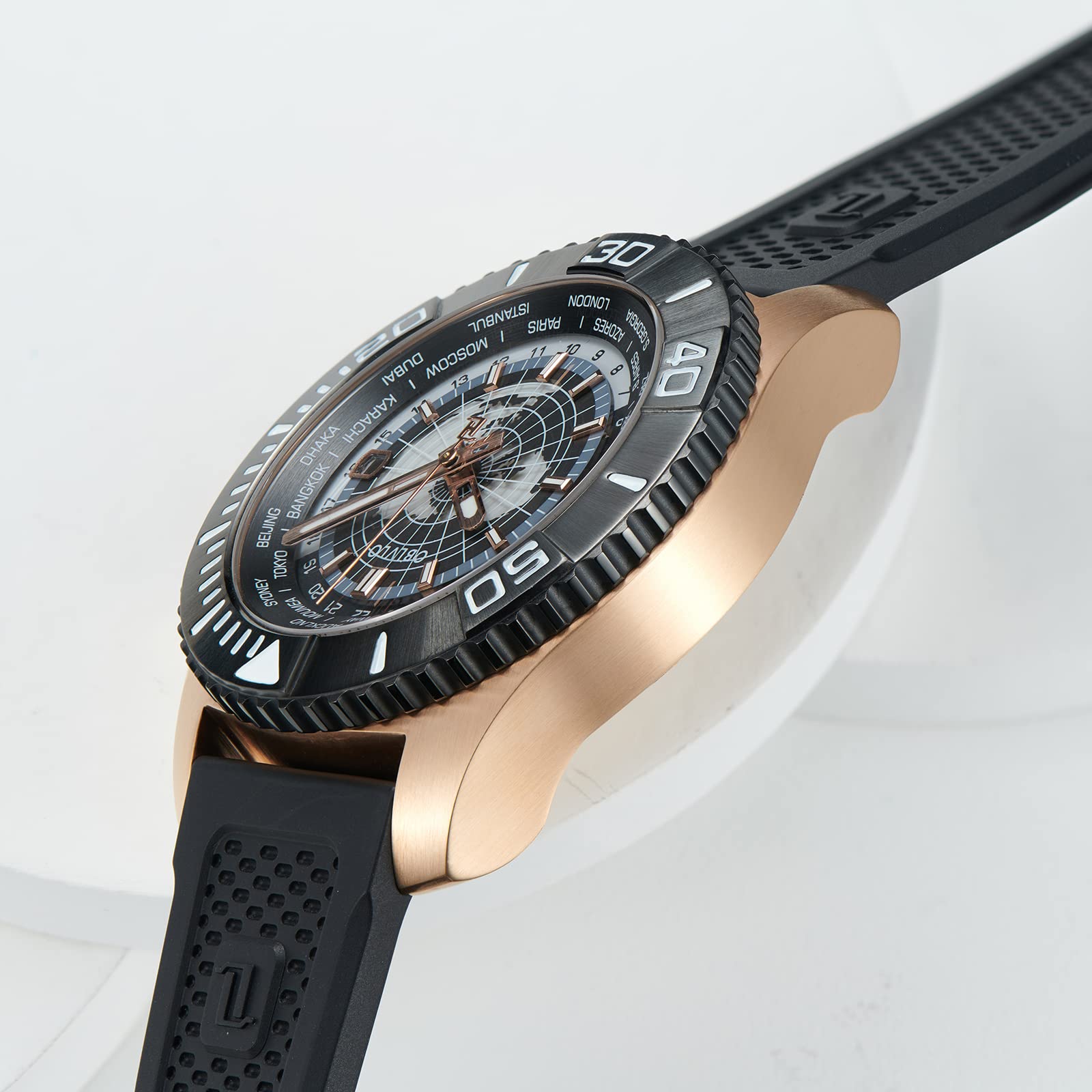 OBLVLO Luxusmarke World Time Military Automatische Mechanische Uhr für Herren Leder Wasserdicht Super Luminous Herrenuhren BM