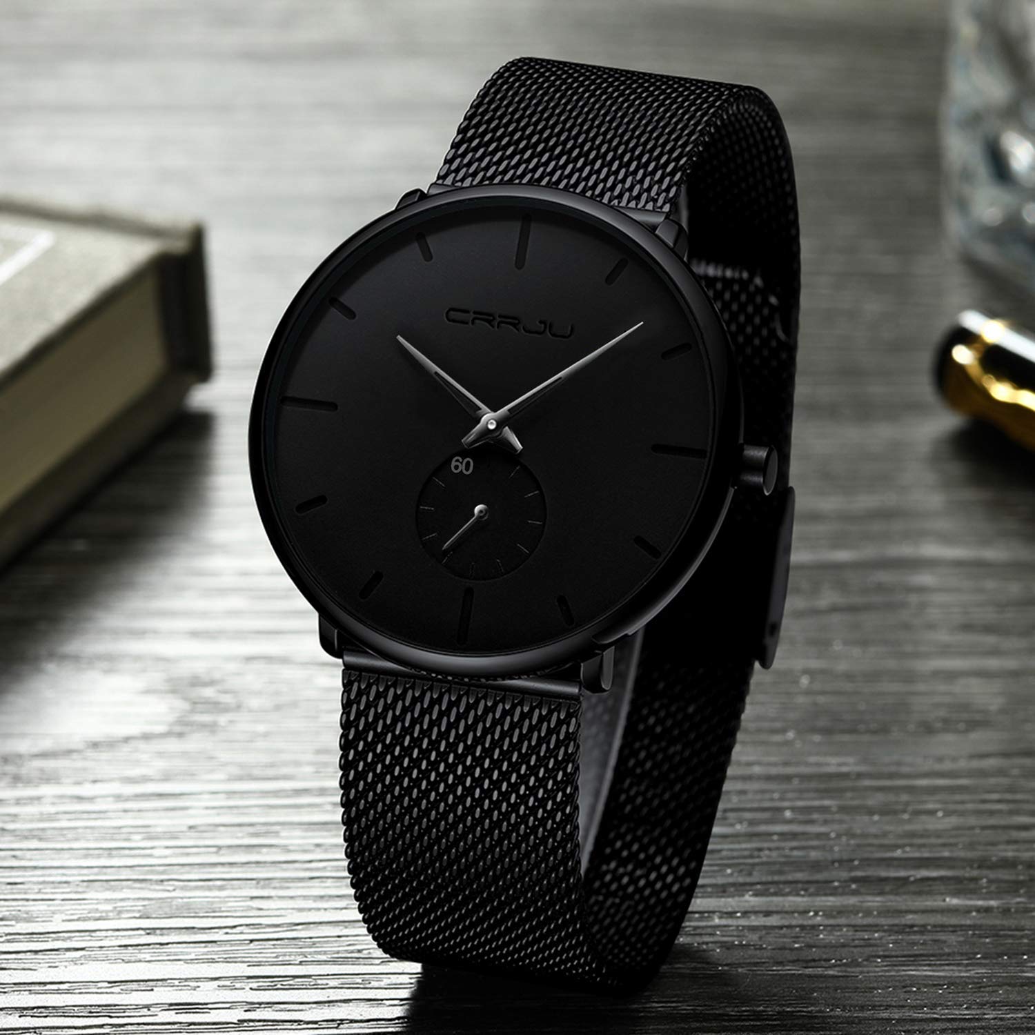 Herren Uhren Ultra Dünne Schwarze Minimalistische Quartz mit Edelstahl Und Gold Zeiger Uhren fur Männer Klassische Elegantes Geschenk (Schwarz-01)