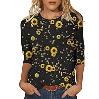 Women's Casual 3/4 Sleeve T-Shirts Round Neck Cute Tunic Tops Floral Printed Basic Tees Blouses Loose Fit Pullover