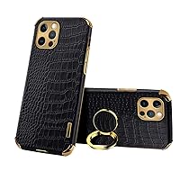 Guppy Compatible with iPhone 14 Pro Max Ring Holder Case Luxury Crocodile Cover Gold Edge 360 Degree Rotation Stand for Women Slim Leather Snake Lizard Skin Protective Cover case, 6.7Inch,Black