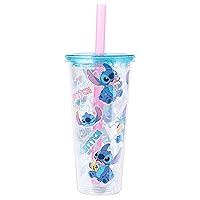 Silver Buffalo Lilo and Stitch Pastel Snack Toss Plastic Boba Tumbler w Lid and Straw, 24 Ounces, 24oz Pastel Snack Toss Plastic, 24oz