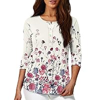 Womens 3/4 Sleeve Blouse Long Sleeve Tunic T-Shirt for Teen Girls Trendy Petite Tops with Cute Print Casual Clothes