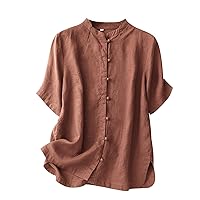 Womens Cotton Linen Button Down Shirts Casual Short Sleeve Crewneck Solid Color Tops Loose Fit Business Work Blouses