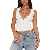 REORIA Womens Sexy V-Neck Sleeveless Double Lined Going Out Y2K Trendy Lace Cropped Tank Tops