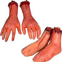 XONOR Halloween Fake Human Arm Plastic Hands Foot Bloody Dead Body Parts Haunted House Halloween Decorations, 4-Pieces (1 Pair Hands, 1 Pair Feet)
