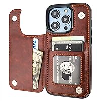 Compatible with iPhone 14 Pro Wallet Case with Card Holder, PU Leather Kickstand Card Slots Case, Double Magnetic Clasp and Durable Shockproof Cover 6.1 Inch (Brown)