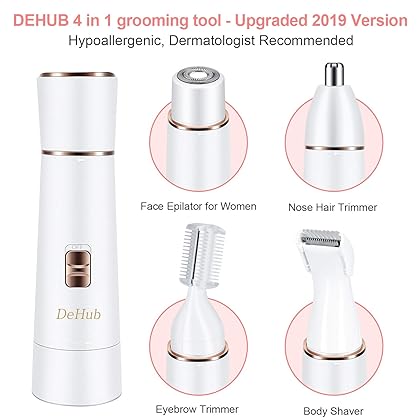 Facial Hair Removal for Women, DeHub Upgraded 2019 Version Waterproof Painless 4 in 1 Lady Grooming Kit-Facial Hair Remover, Body Shaver, Nose Hair & Eyebrow Trimmer, USB Rechargeable