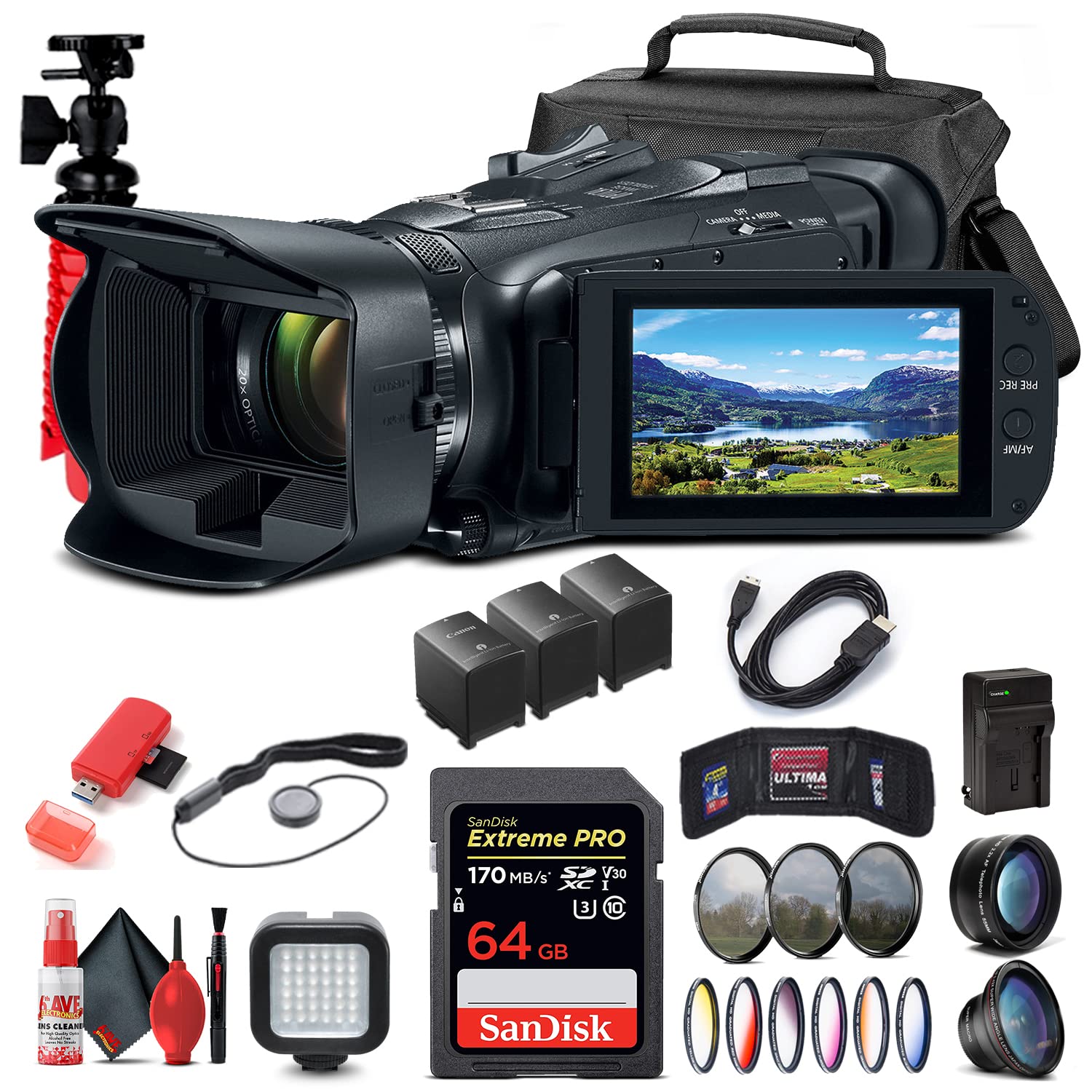 Canon Vixia HF G50 UHD 4K Camcorder (Black) (3667C002) + 64GB Memory Card + 2 x BP828 Battery + Color Filter Kit + Case + Filter Kit + Battery Char...