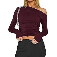 Lauweion Women's One Side Off Shoulder Ruched Tops Long Sleeve Skinny Asymmetrical Neck Crop Tops