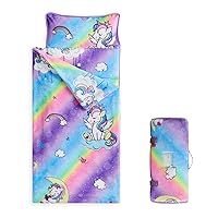 Wake In Cloud - Fleece Toddler Nap Mat with Pillow and Blanket, Plush Warm for Kids Boys Girls Daycare Preschool Kindergarten, Colorful Unicorns Rainbow