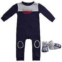 Reebok Baby Boys' Layette Set – Lightweight Long Sleeve Sleep N' Play Romper Jumpsuit, Crib Booties: Newborn/Infant (0-9M)