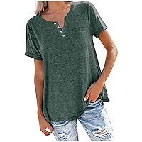 2023 Women Button V-Neck T-Shirts with Pocket Summer Fashion Short Sleeve Blouses Solid Casual Loose Fit Tunic Tops