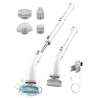Electric Spin Scrubber HS1, Cordless Shower Scrubber for Cleaning with 4 Replaceable Brush Heads Adjustable Extension Handle, IPX7 Waterproof Cleaning Brush for Bathroom Floor White