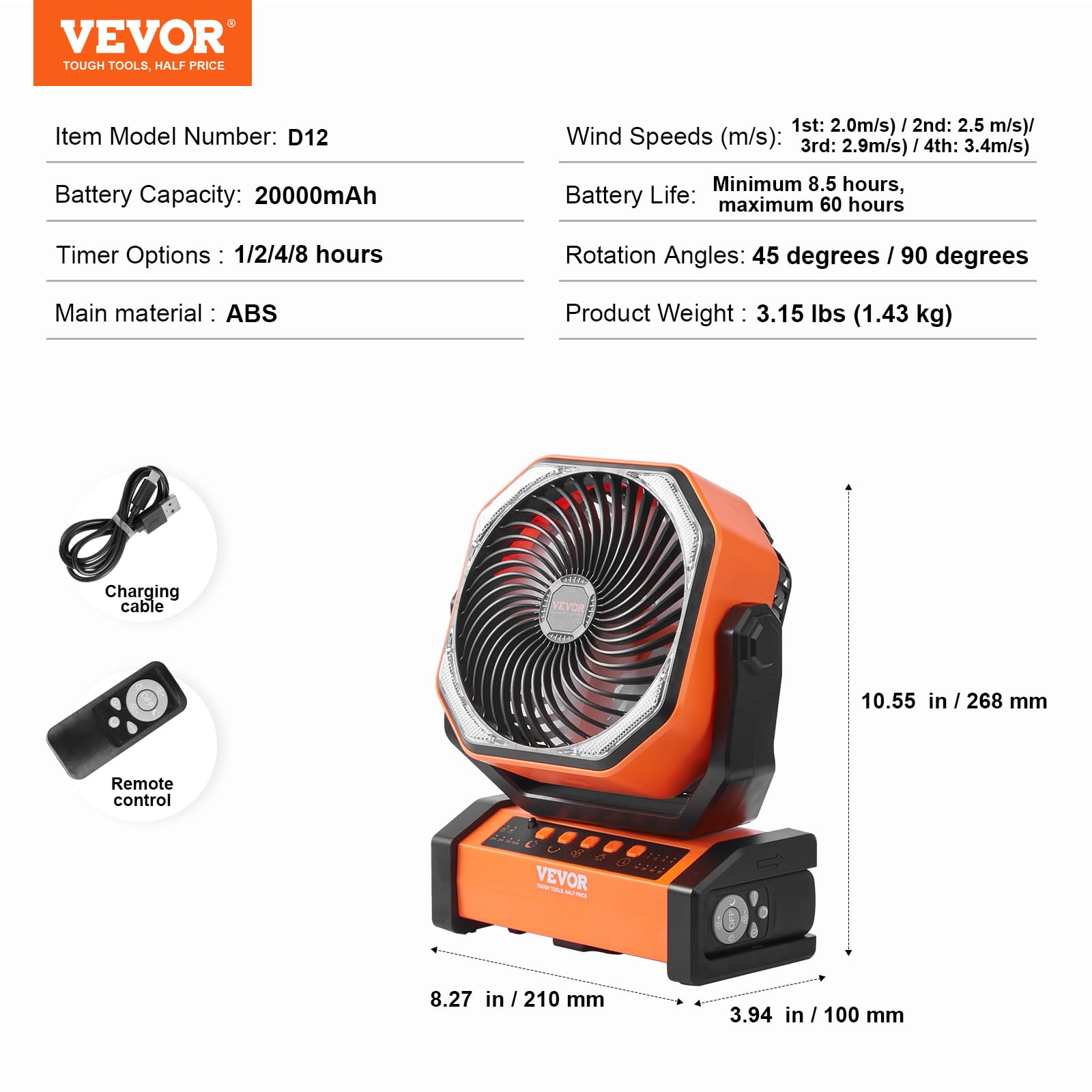 VEVOR 20,000mAh Camping Fan, 9 Inch Battery Operated Fan, Rechargeable Fan Portable with 4 Speeds, Auto Oscillating & Timer, Outdoor Tent Fan with Remote & Hook for Picnic, Barbecue, Fishing, Travel