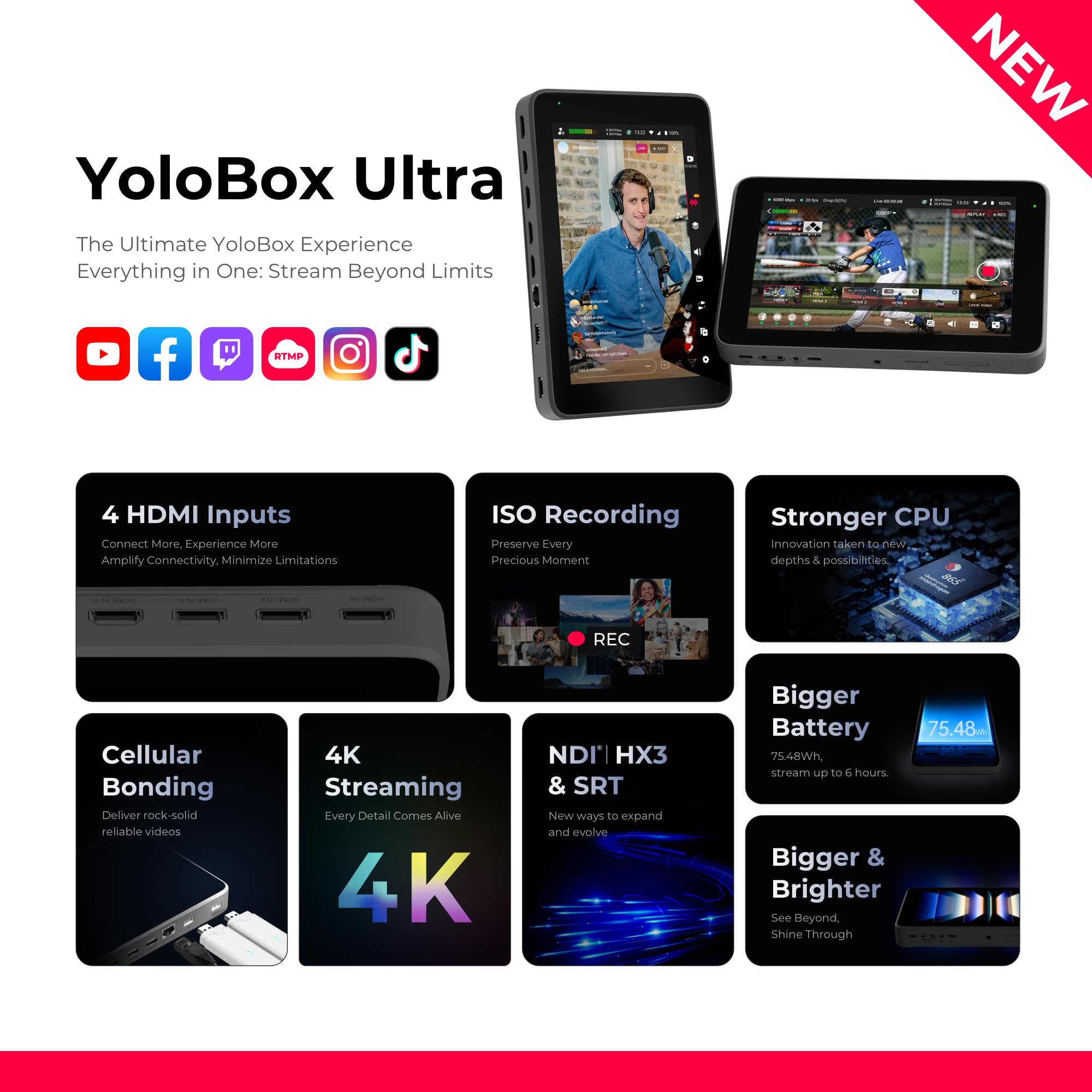 YoloLiv YoloBox Ultra, The Ultimate All-in-one Horizontal/Vertical Live Streaming Equipment Switcher Monitor Encoder Recorder, for Facebook, YouTube, Instagram, Tiktok, RTMPS