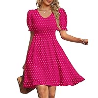 OFEEFAN Women Summer Dresses V Neck Short Sleeve Swiss Dot Mini Dress with Pockets