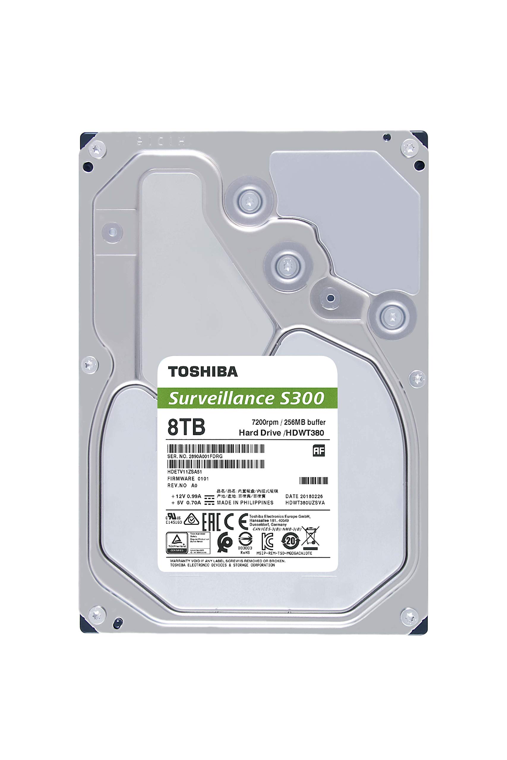 Toshiba S300 8TB Surveillance 3.5” Internal Hard Drive – CMR SATA 6 Gb/s 7200 RPM 256MB Cache - HDWT380UZSVAR