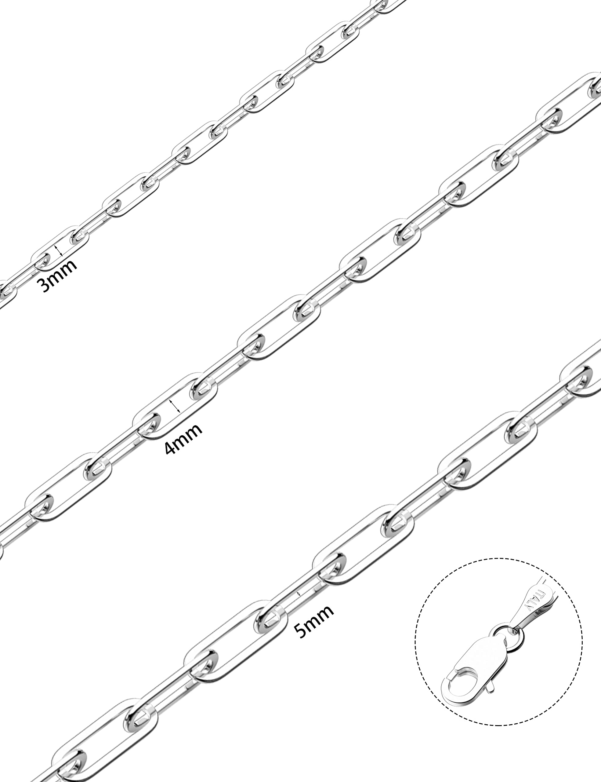 Waitsoul 925 Sterling Silver Paperclip Lobster Clasp Chain 3mm 4mm 5mm Necklace for Women Men Diamond Cut Silver Necklace Chain 16-30 Inches