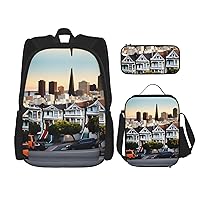 Fashion Backpack with Lunch Bag Pencil Case, Laptop Bookbag Casual Daypack,3 in 1 BookBag Set-san francisco