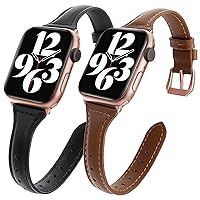 2 pack Slim Genuine Leather Bands Compatible with Apple Watch Band 38mm 40mm 41mm 42mm 44mm 45mm 49mm,Top Layer Leather Watch Thin Women Men Straps for iWatch Series 9/8/7/6/5/4/3/2/1 Ultra SE