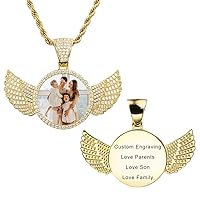 Personalized Hip Hop Memory Picture Pendant for Men Women Engraving Image/Text/Name/Date Custom Photo Copper Angel Wing & Heart-Shaped & Round Medal with Rope Chain Jewelry Gift