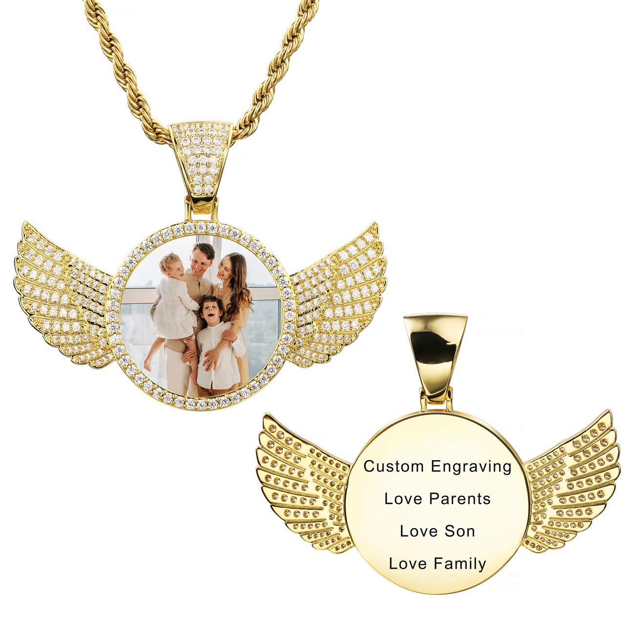 MeMeDIY Personalized Hip Hop Memory Picture Pendant for Men Women Engraving Image/Text/Name/Date Custom Photo Copper Angel Wing & Heart-Shaped & Round Medal with Rope Chain Jewelry Gift