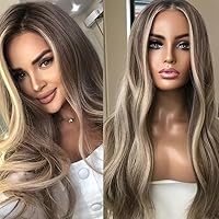 Dark Ash Blonde HD Lace Wig Highlights Colored Loose Wave 13X4 Deep Part Invisible Lace Front Human Hair Wigs Dark Roots Brazilian Virgin Hair Glueless Lace Front Wig 180 Density Slight Wavy Wig