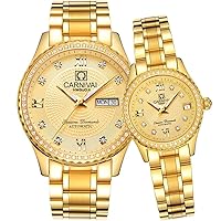 Pair of automatic watches for men and women, luxury stainless steel dress watches for him and her, set of 2, gold, Bracelet