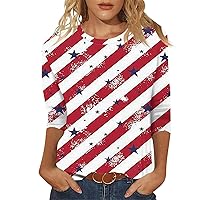 4Th of July Tops for Women Summer 3/4 Sleeve T Shirts Crew Neck Shirts Flag and Stars Graphic Tees Casual Blouses