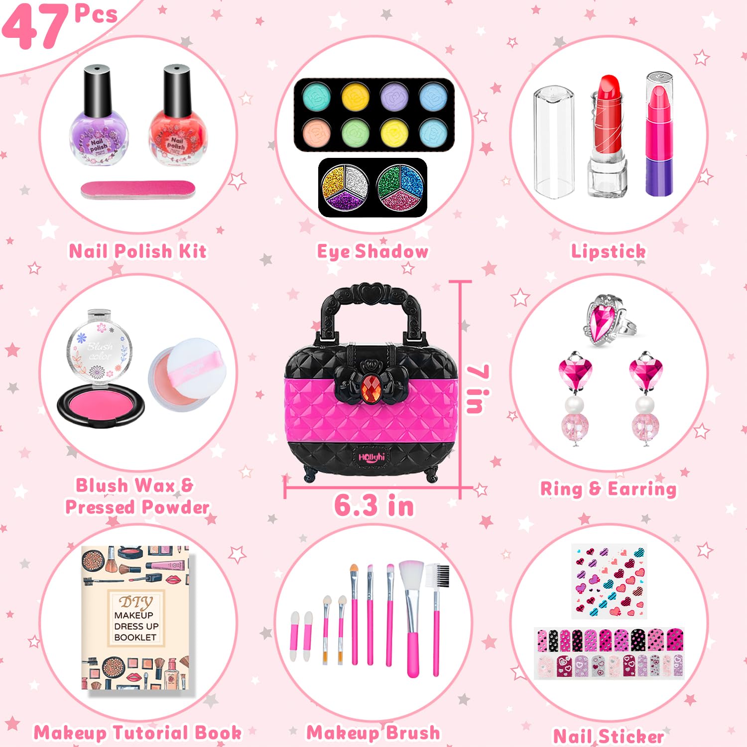 Hollyhi 47 Pcs Kids Makeup Kit for Girl, Washable Makeup Set Toy with Real Cosmetic Case for Little Girls, Pretend Play Makeup Beauty Set Birthday Toys Gift for 3 4 5 6 7 8 9 10 11 12 Years Old Kid