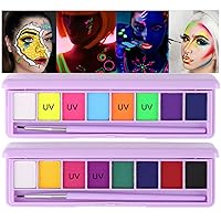 2 Pack Neon Makeup Palette Set Rainbow Colorful UV Body Paint Waterproof Smudgeproof Eyeliner Eyeshadow Face Painting Black Light Glow Fluorescent Kit for Halloween Party Makeup