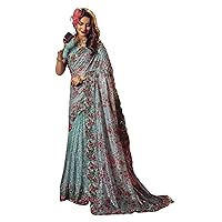 Bridal Sea Green Indian Woman's Sari Pearl & Sequin Saree Blouse wedding Sari 8525