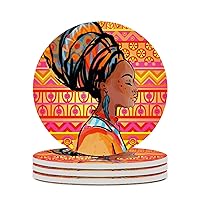 African American Women Ceramic Coaster with Cork Backing Absorbent Drink Coaster for Wooden Table Round 4 Inches 4PCS