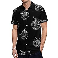 Pentagram with Demon Baphomet Satanic Goat Men's Short-Sleeve Shirt Regular-Fit Button Down Shirts Top with Pocket