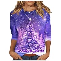 Christmas Shirt,3/4 Sleeve Shirts for Women Cute Christmas Print Graphic Tees Blouses Casual Plus Size Basic Tops Pullover