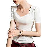 Cotton Tops for Women, Summer Sexy V Neck Puff Short Sleeve Pleated Patchwork Blouses Elegant Formal Work Shirts