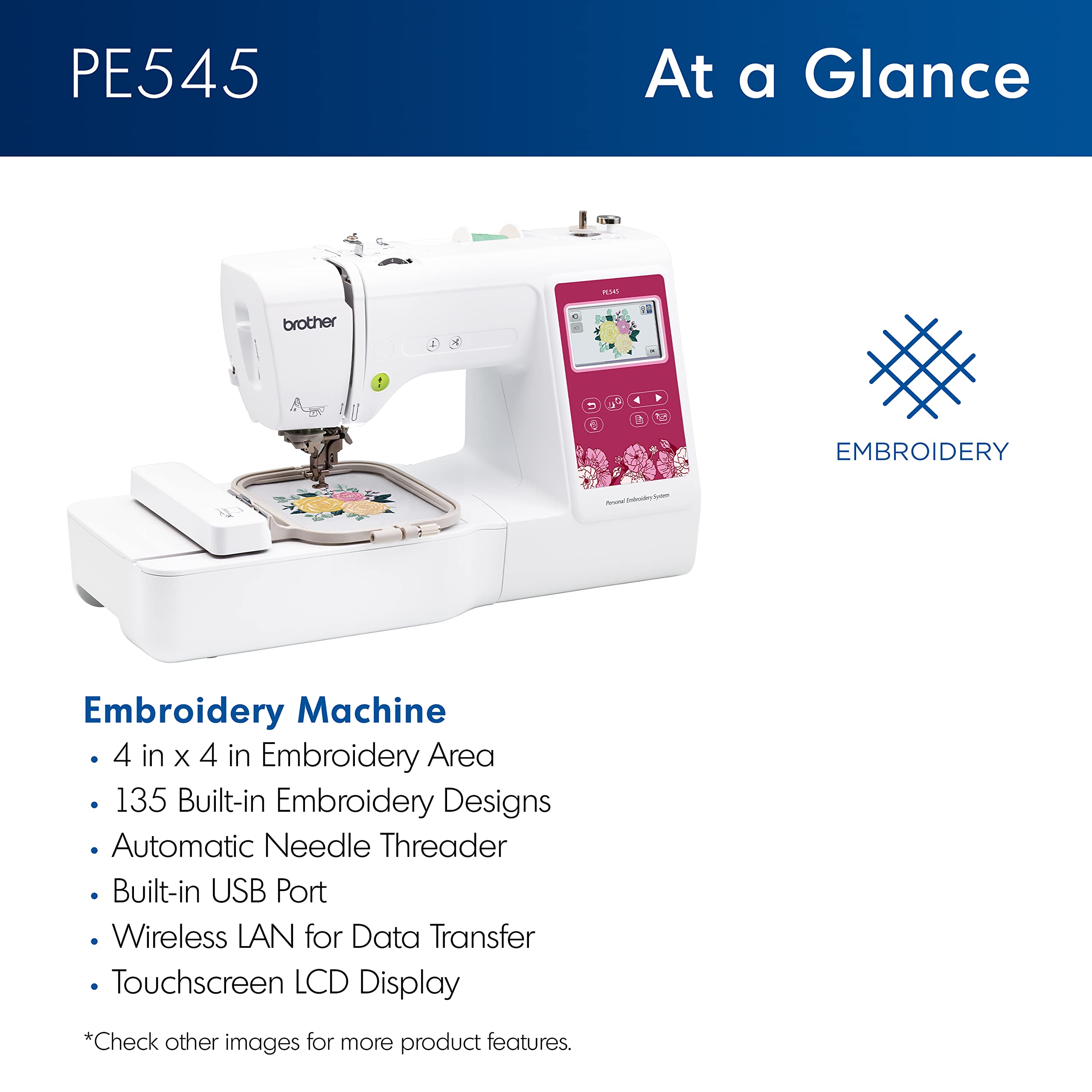 Brother PE545 Embroidery Machine, Wireless LAN Connected, 135 Built-in Designs, 4