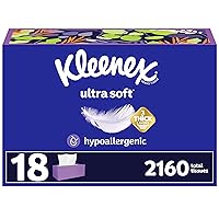 Kleenex Ultra Soft Facial Tissues, 18 Flat Boxes, 120 Tissues per Box, 3-Ply (2,160 Total Tissues), Packaging May Vary