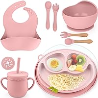 Eison Silicone Baby Feeding Set, 12PCS, Pink, Baby Led Weaning Supplies with Suction Plate, Bowl, Spoons, Forks, Sippy Cup, Bib for 6+ Months