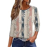 Shirts for Women, Business Casual Crew Neck T Summer Womens Print Outfits Button 3/4 Sleeve Tshirt Shirt, S, 3XL