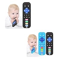USLAI Baby Teether Toys, Teething Toys for Babies 𝟑 𝟔 𝟏𝟐 𝟏𝟖 𝐌𝐨𝐧𝐭𝐡𝐬, TV Remote Control Shape Teething Relief Baby Toys, BPA Free Silicone Sensory Chew Toys (Black+Black+Blue)