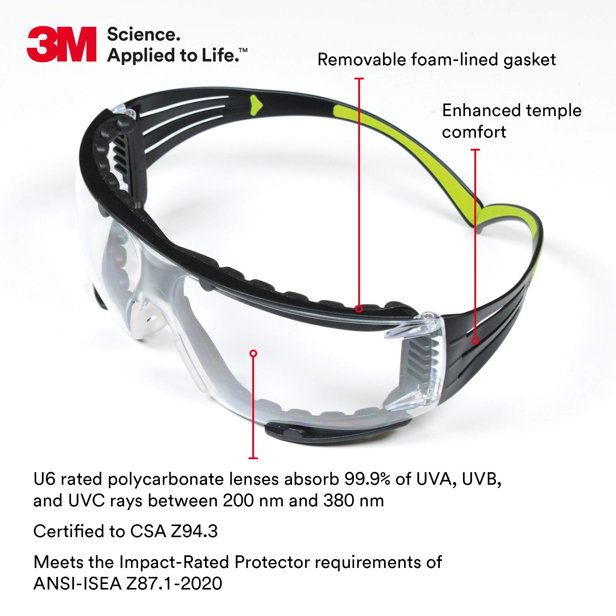3M Safety Glasses, SecureFit, ANSI Z87, Dust Protection, Anti-Fog Anti-Scratch Clear Lens, Green/Black Frame, Flexible Temples, Removable Foam Gasket