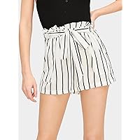 Women's Shorts Striped Self-Tie Paperbag Shorts Women's Shorts Shorts for Women (Color : Black and White, Size : Small)