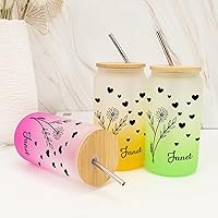 16 Oz Glass Bottle Personalized Birth Flower Drinking Glass Cups with Bamboo Lid & Straw - Reusable Milk Cups Drinking Cup with Lid - New Year Gifts for Daughter