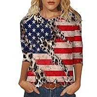 4th of July Shirts for Women Independence Day Crewneck 3/4 Length Sleeve Plus Size Top American Flag Printed Tees