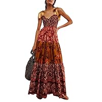 Women 2024 Summer Boho Floral Maxi Sundress Tie Shoulder V-Neck Smocked Flowy Long Dress Plus Size Tiered A-Line Cami Dress