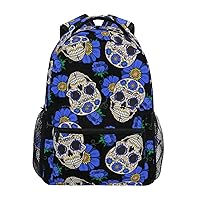 ALAZA Sugar Skull Blue Flower Halloween Backpack Purse with Multiple Pockets Name Card Personalized Travel Laptop School Book Bag, Size M/16.9 inch